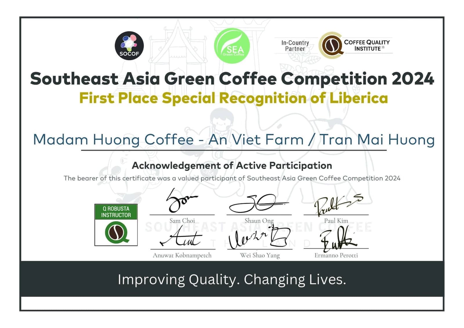 Southeast Asia Green Coffee Competition 2024 – First Place – Special Recognition of Liberica